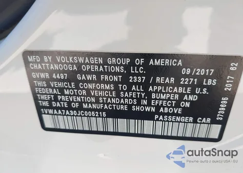 2018 Volkswagen Passat 2.0T R-Line/2.0T S из США, поврежденный, VIN 1VWAA7A30JC005215